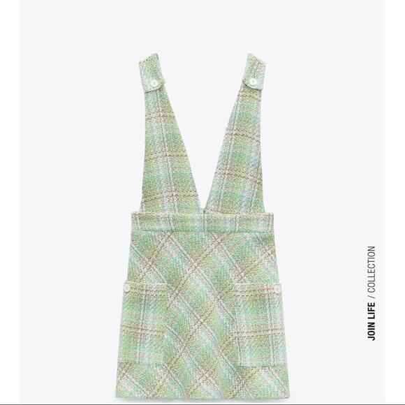 Zara Plaid Pinafore Tweed Dress Pastel Green White Overall Mini size Small - Picture 1 of 15